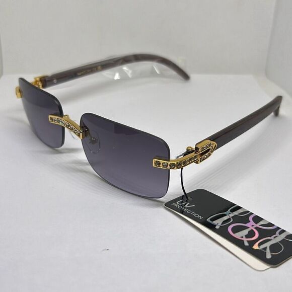 Rimless Rhinestone Wood Print Women’s Sunglasses - Picture 1 of 3